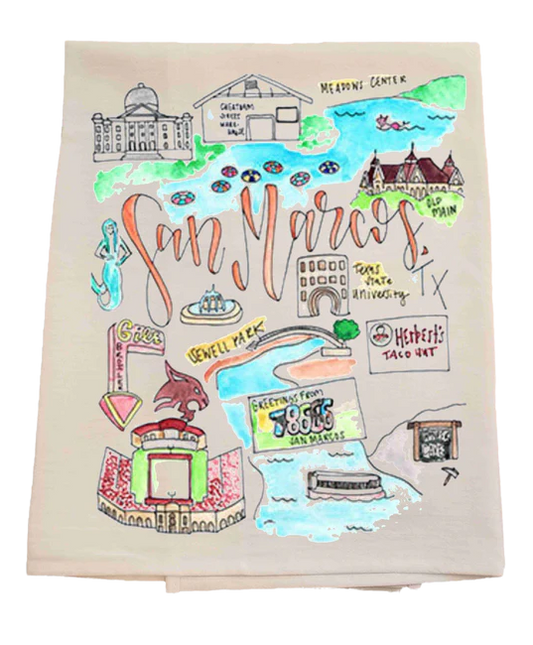 Tea towel with colorful illustration of San Marcos landmarks and text