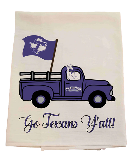 Tea towel with a purple truck and flag design, featuring the text 'Go Texans Y'all!' on a white background.