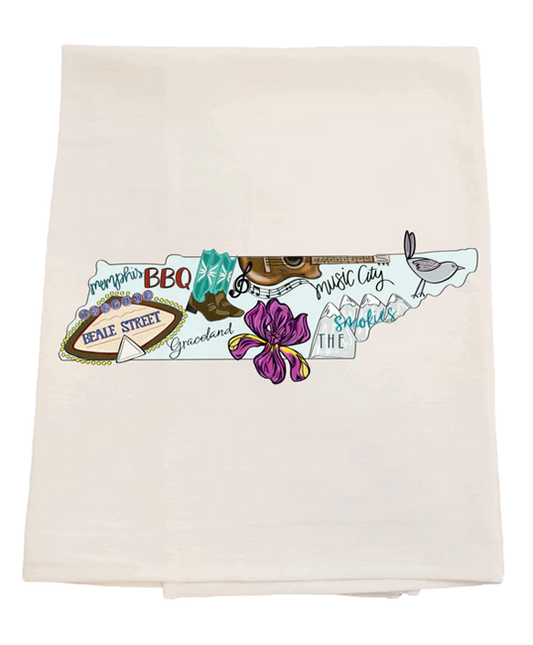 Beige towel with colorful graphics and text on a white background