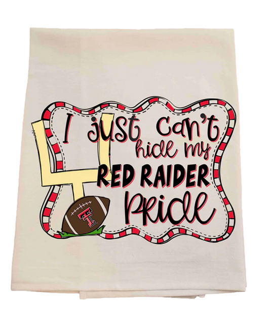 Towel with 'I Just Can't Hide My Red Raider Pride' text and football graphic on a white background