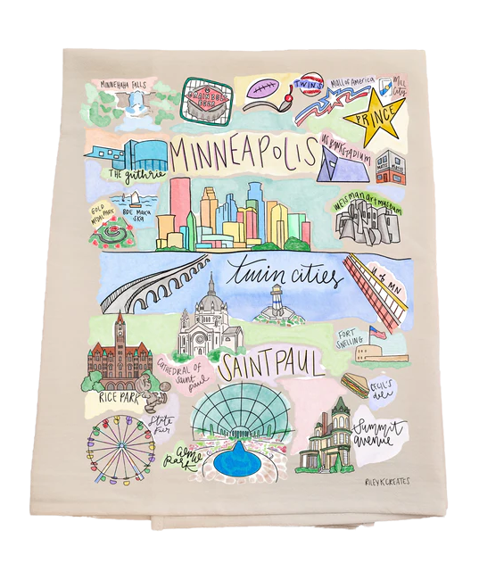 Tote bag with colorful illustrations of Minneapolis, Twin Cities, and Saint Paul on a beige background